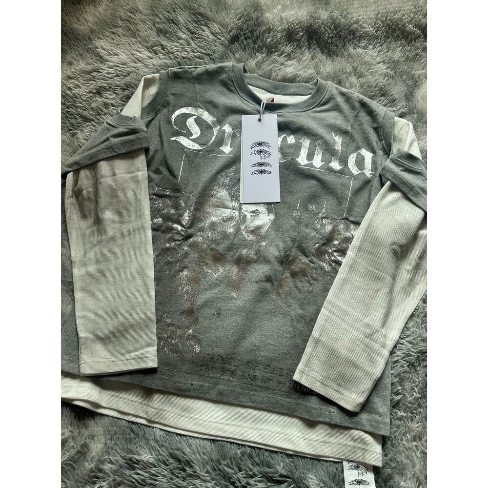 Gray Two-Layer Thermal Longsleeve Sweatshirt Pullover Dracula Silver Print sz L
